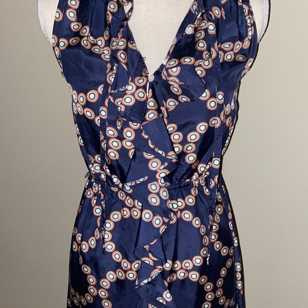 SILK Anthropologie Dress Polka Dot Old Money Ruffle Bodice Geometric Circle